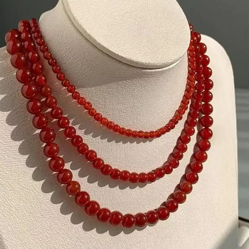 Natural Red Agate Necklace Women Healing Gemstone Fine Jewelry Genuine High Ice Grade A Red Agate Round Bead Necklace Chain