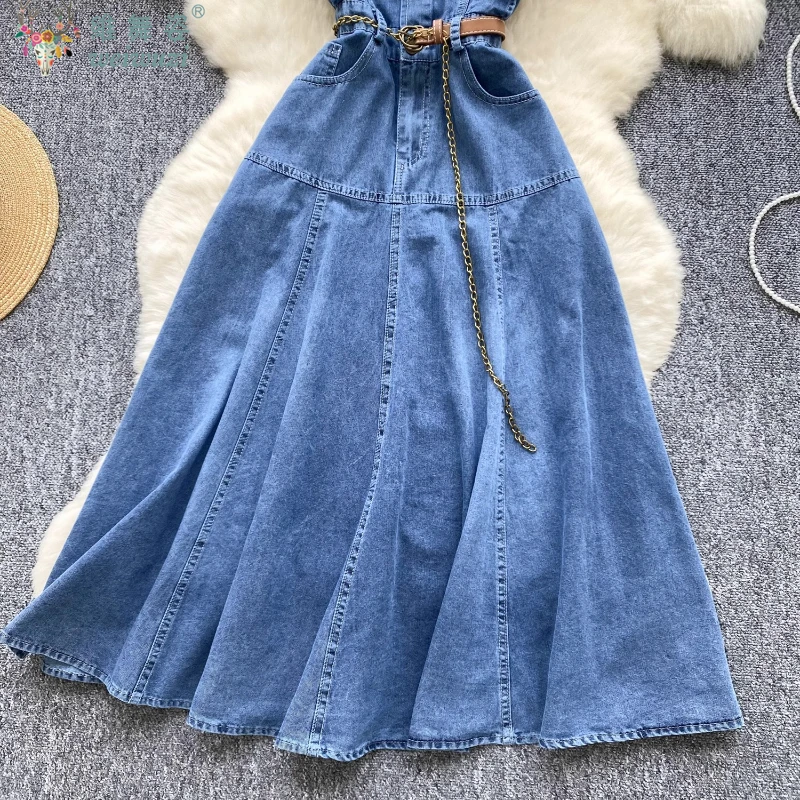 French Blue Denim Dress Women Must-have Denim Dress WithRuffled Decorations Commuting&Dating Summer High Waist V-neck Long Dress