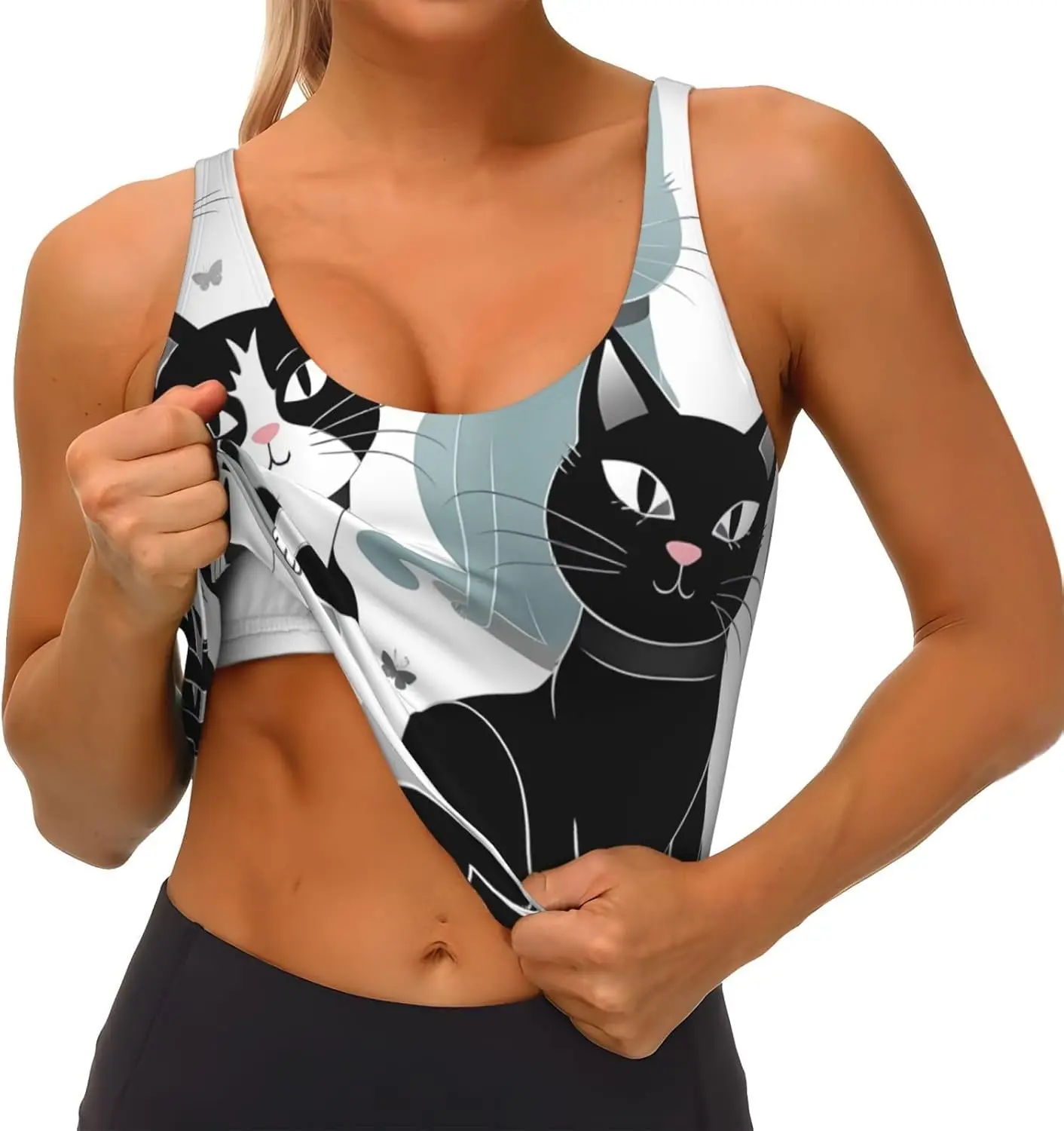 حمالات صدر رياضية للنساء، قمصان بدون أكمام للسيدات قابلة للإزالة على شكل حرف U باللونين الأبيض والأسود، حمالات صدر للتمرين بطباعة اليوجا المضحكة