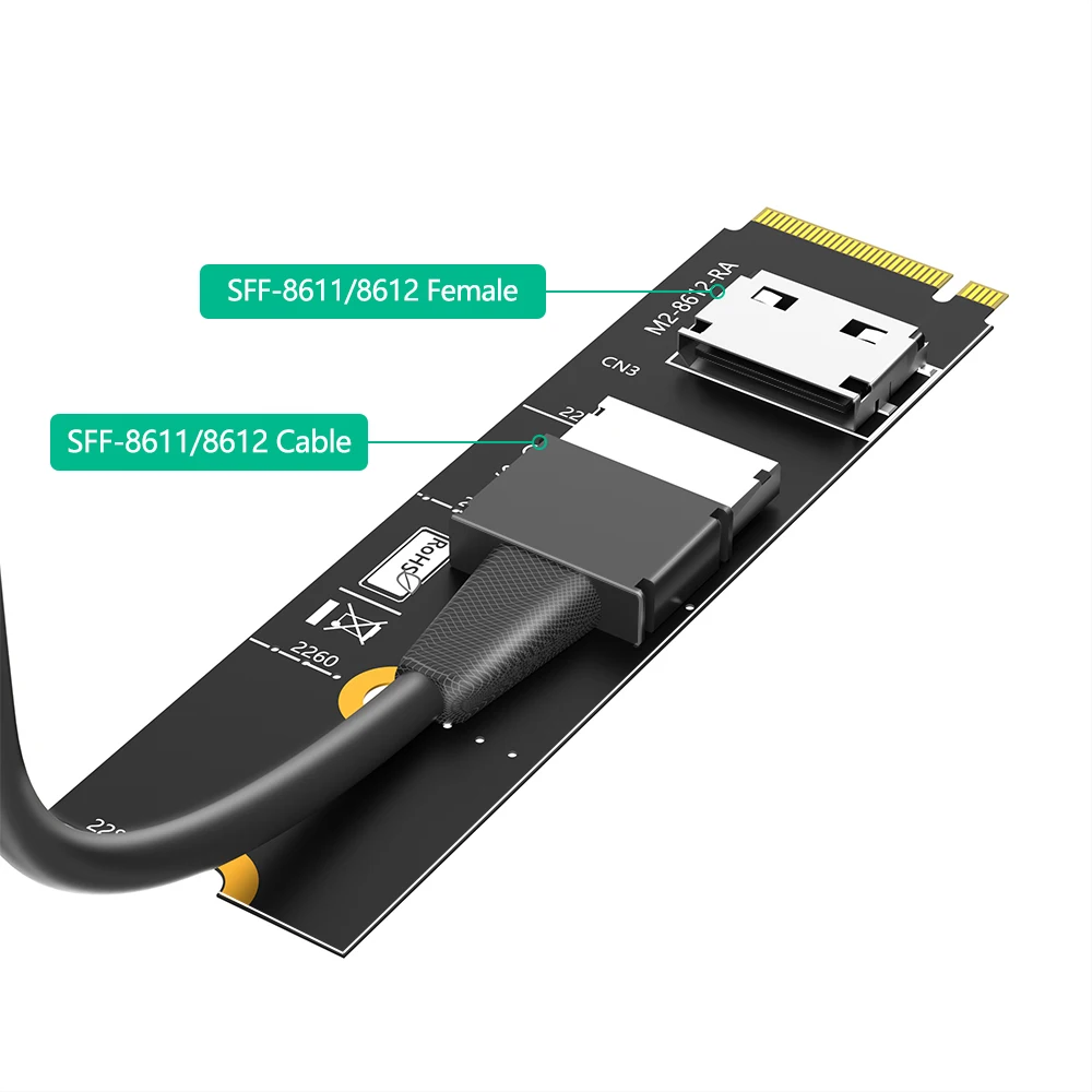 horizontal M.2 nvme key M to SFF-8611/8612 Adapter, NVMe PCI-e 4.0 x4 to OcuLink SFF-8612 4i Host Adapter for SSD and eGPU