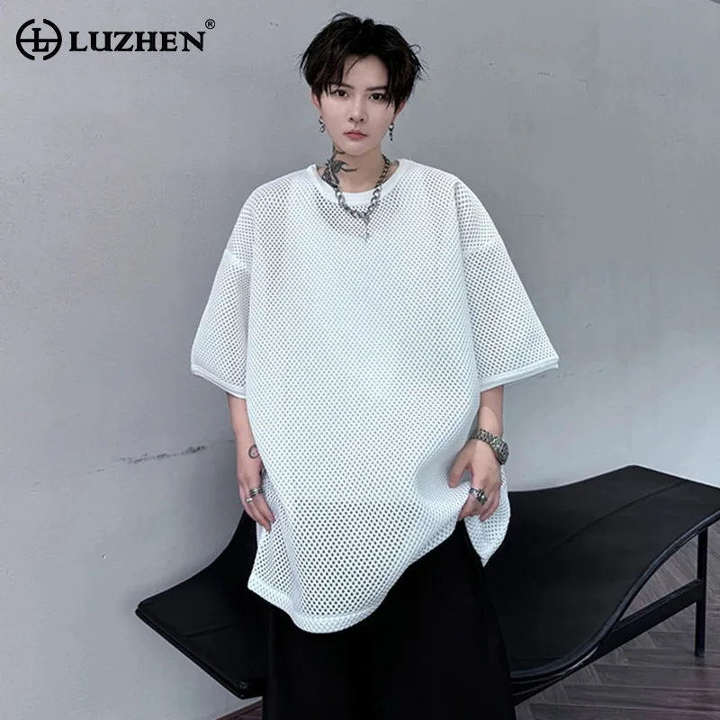 

LUZHEN T Short Mesh Plain Stylish Sleeved Hollow Design Shirts New Fashion Street Men's Tops Korean Reviews Many Clothes JY2528