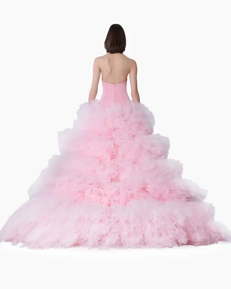 Charming Pink High Low Prom Gowns With Overskirt Very Puff Tiered Tulle Detachable Train Wedding Gowns Formal Party Dress