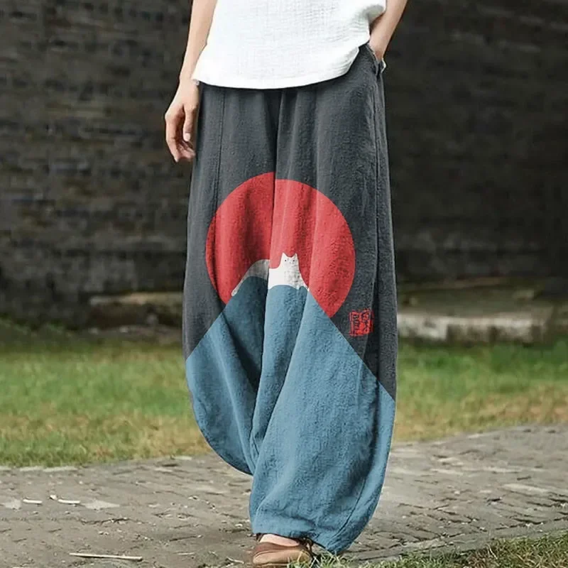 Cat Mountains Landscape Sunrise Japanese Art Vintage Pants Harajuku Baggy Lantern Trousers Elegent Boho Floral Wide Leg Pants