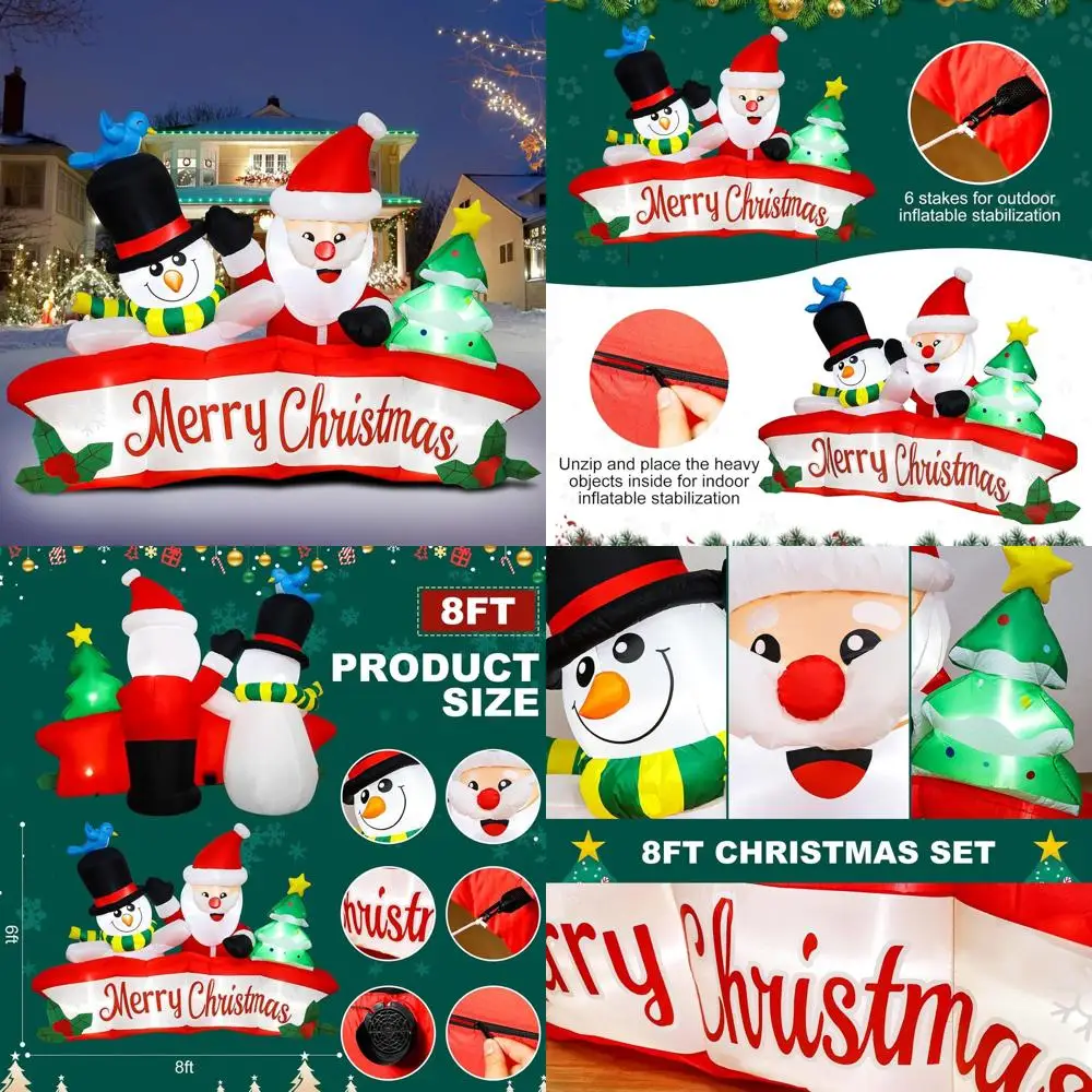

8ft Outdoor Christmas Inflatable Banner with 6ft Snowman & Santa Claus Yard Decorations, LED Lights Included