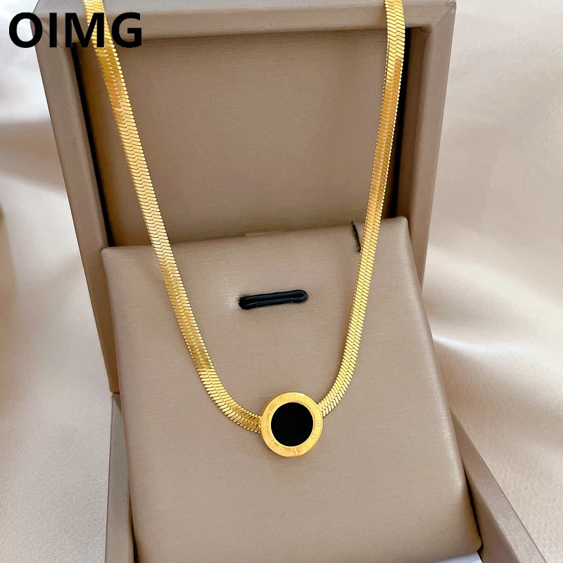 OIMG 316L Stainless Steel Gold Color Black Round Roman Numeric Necklaces For Women Party Gift Jewelry 2023 New Dropshipping