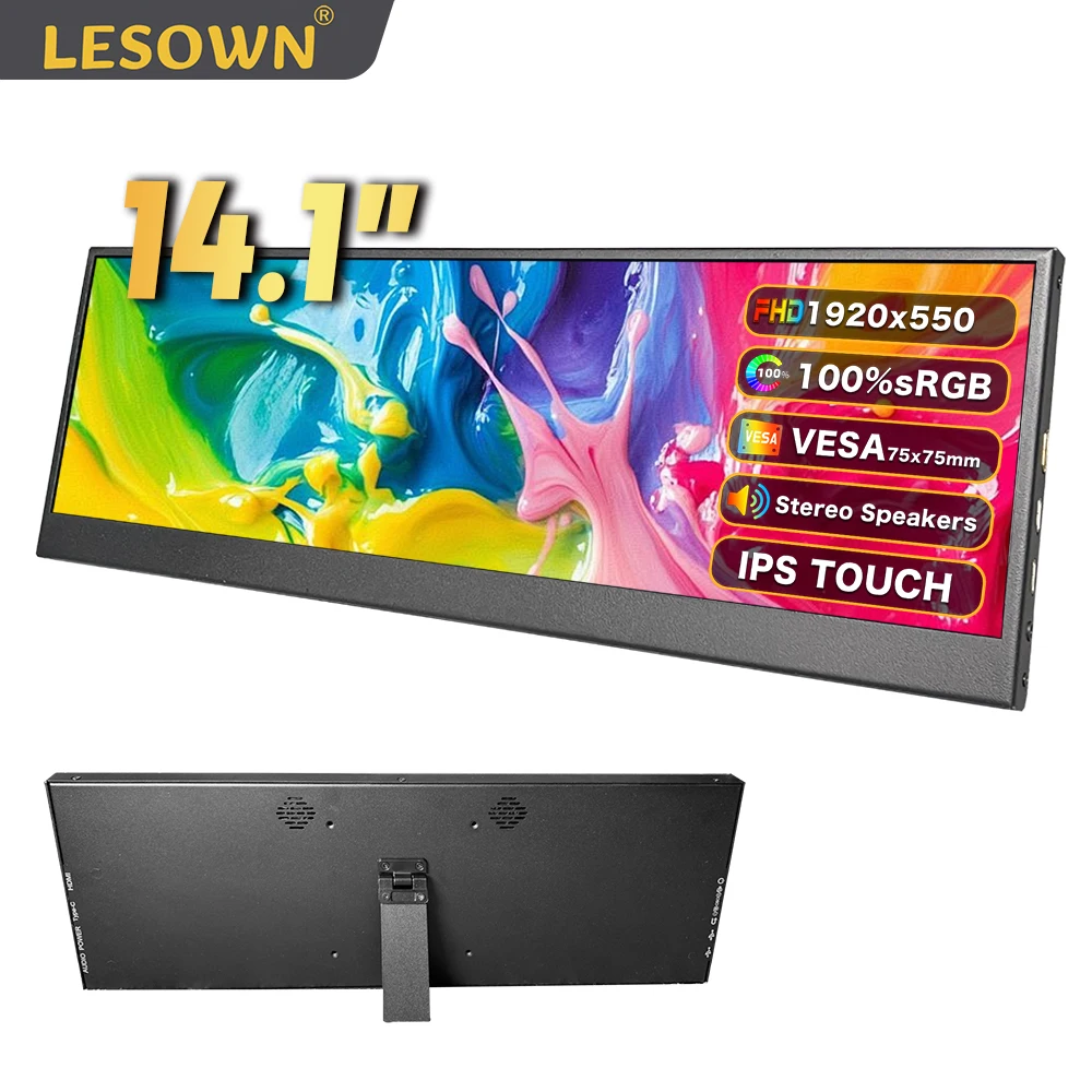 LESOWN 14.1 inch Stretched Bar LCD Touch Widescreen 1920x550 IPS HDMI USB C Monitor Second Screen Portable Display with Speakers