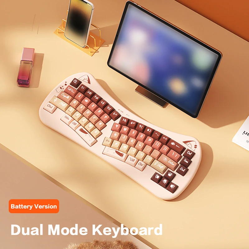 

Ergonomic Bluetooth5.0+2.4G Multi Device Split Keyboard 68 Keys Cute Cat Keycap Wireless Keyboard for Win7/8/10/Android/Mac OS