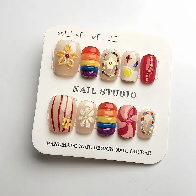 10 szt. Słodkie Krótkie Kwadratowe Sztuczne Paznokcie Kolor Kwiat Ręcznie Robione Paznokcie Dociskane Francuskie Pełne Pokrycie Wielokrotnego Użytku Ozdobione Sztuczne Końcówki Paznokci