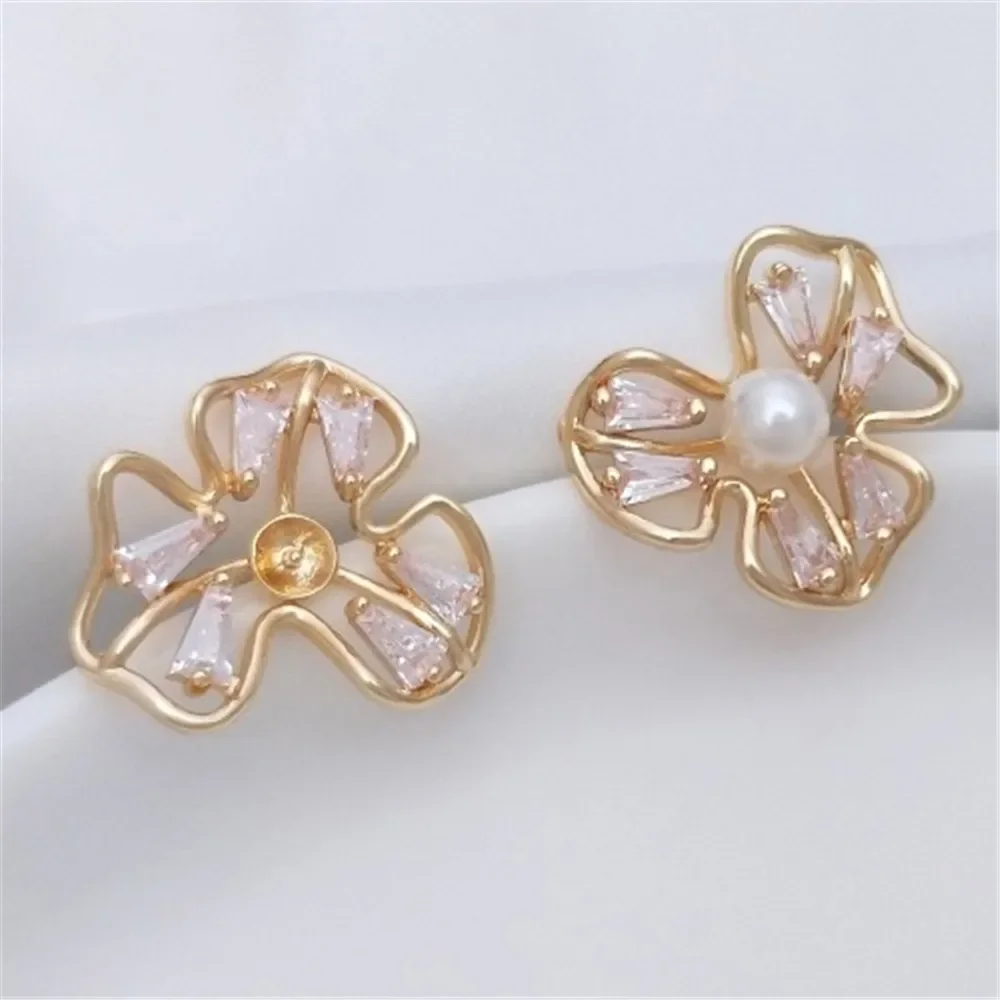 14K Gold-plated Zircon Clover Flower-shaped Half-hole Beaded Earrings 925 Silver Needle Diy Sticky Pearl Earrings E226 - view 3