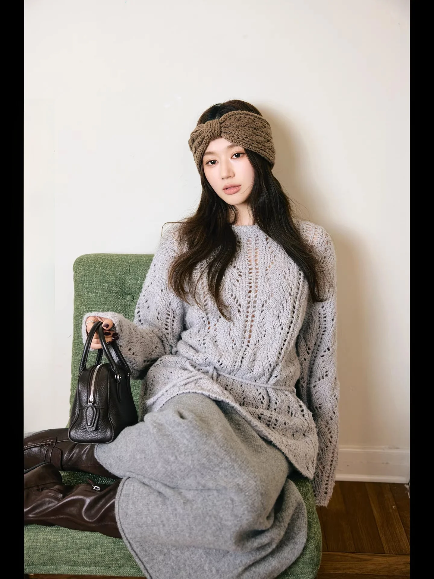 

Вязаный свитер Camelux из смесовой шерсти с ажурным узором и цветочным декором, с завышенной талией, повседневный, с длинными рукавами, женский