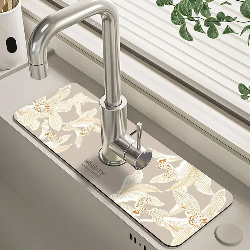 VIKAMA Light Blue Purple Lily Floral Diatomite Faucet Mat Super Absorbent Non Slip Kitchen Sink Tap Splash Guard Draining Pad