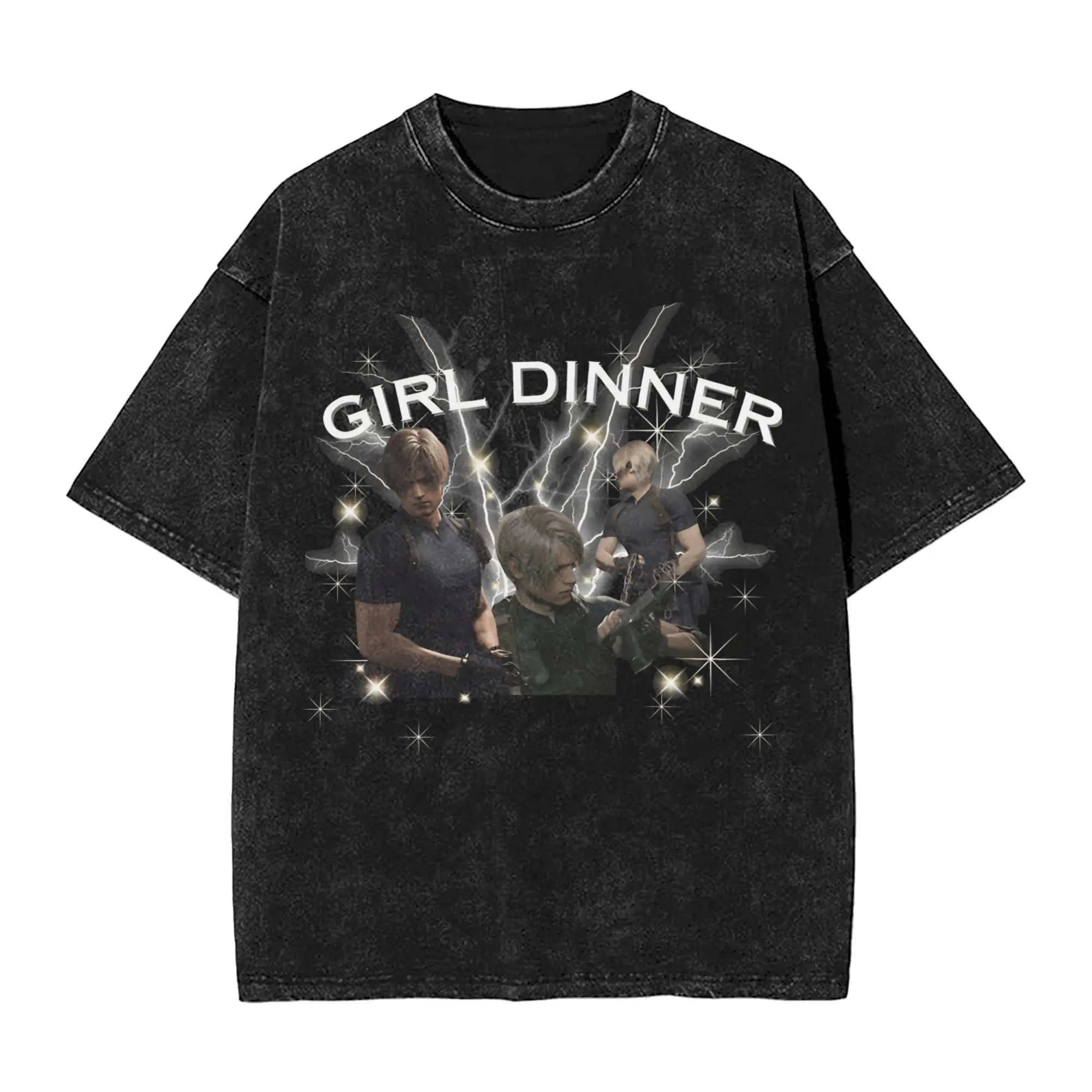 Leon Kennedy Girl Dinner Men T Shirts Washed Residents Evils Leisure Tee Shirt Short Sleeve Round Neck T-Shirts Cotton Clothing