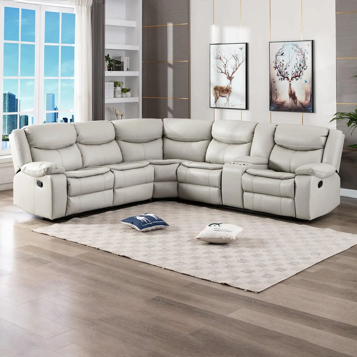 

Familymill L-Shaped Breathable Leather Manual Reclining Sectional Sofa Sets for Living Room and Bedroom, Cream