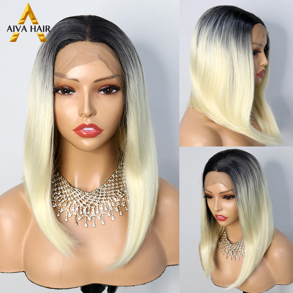 Ombre Blonde Color Synthetic Straight Glueless 13X4  Lace Front Heat Resistant Daily Use Wigs Pre Plucked For Black Women