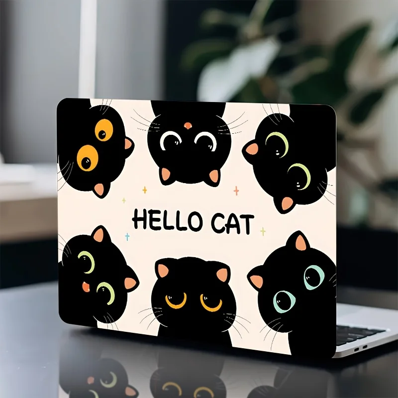 2 Piece Hello Cat Laptop Cover - Cute Black Cat with Expressive Eyes, Non-Slip Vinyl Protector, Easy to Apply/Remove, Compatible