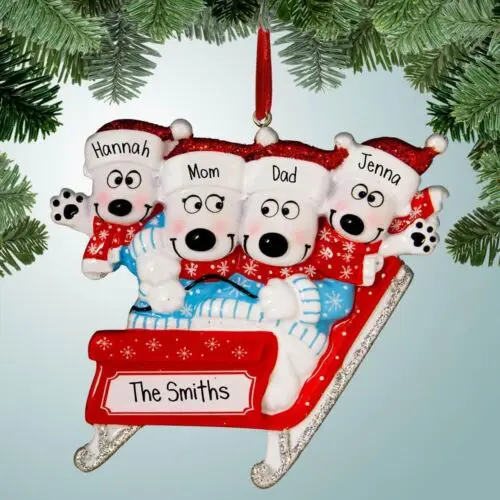 

Personalized Polar Bears on Sled Christmas Ornament Family of 3 4 5 with Kids