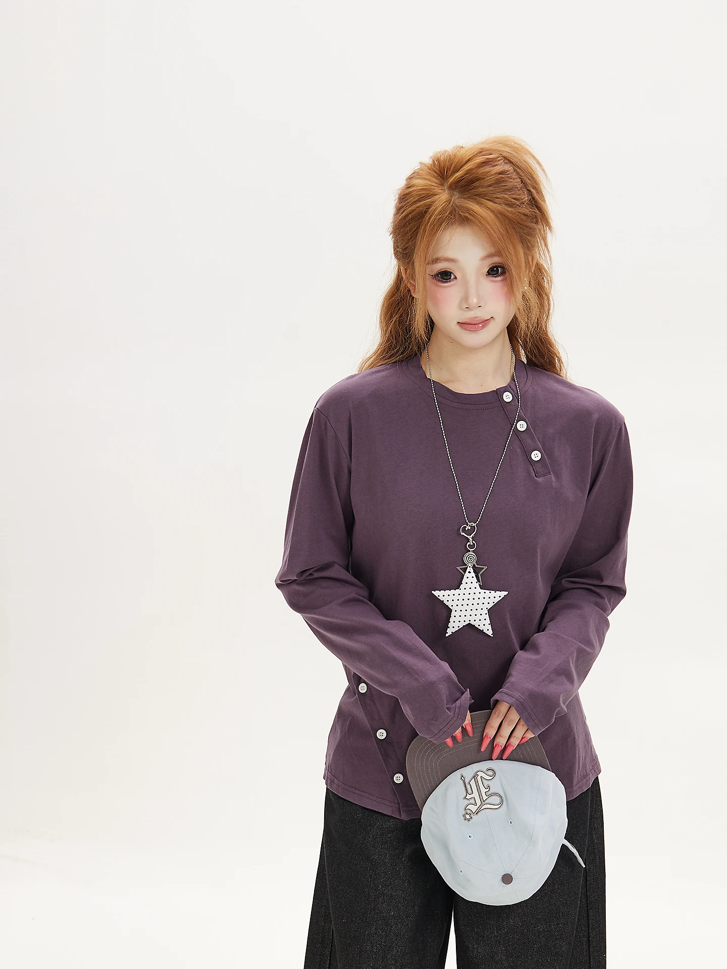 Casual Ant Long Sleeve Button round Neck T-Shirt Women's Loose Versatile Design Base Shirt Autumn Season Cotton Comfortable B...