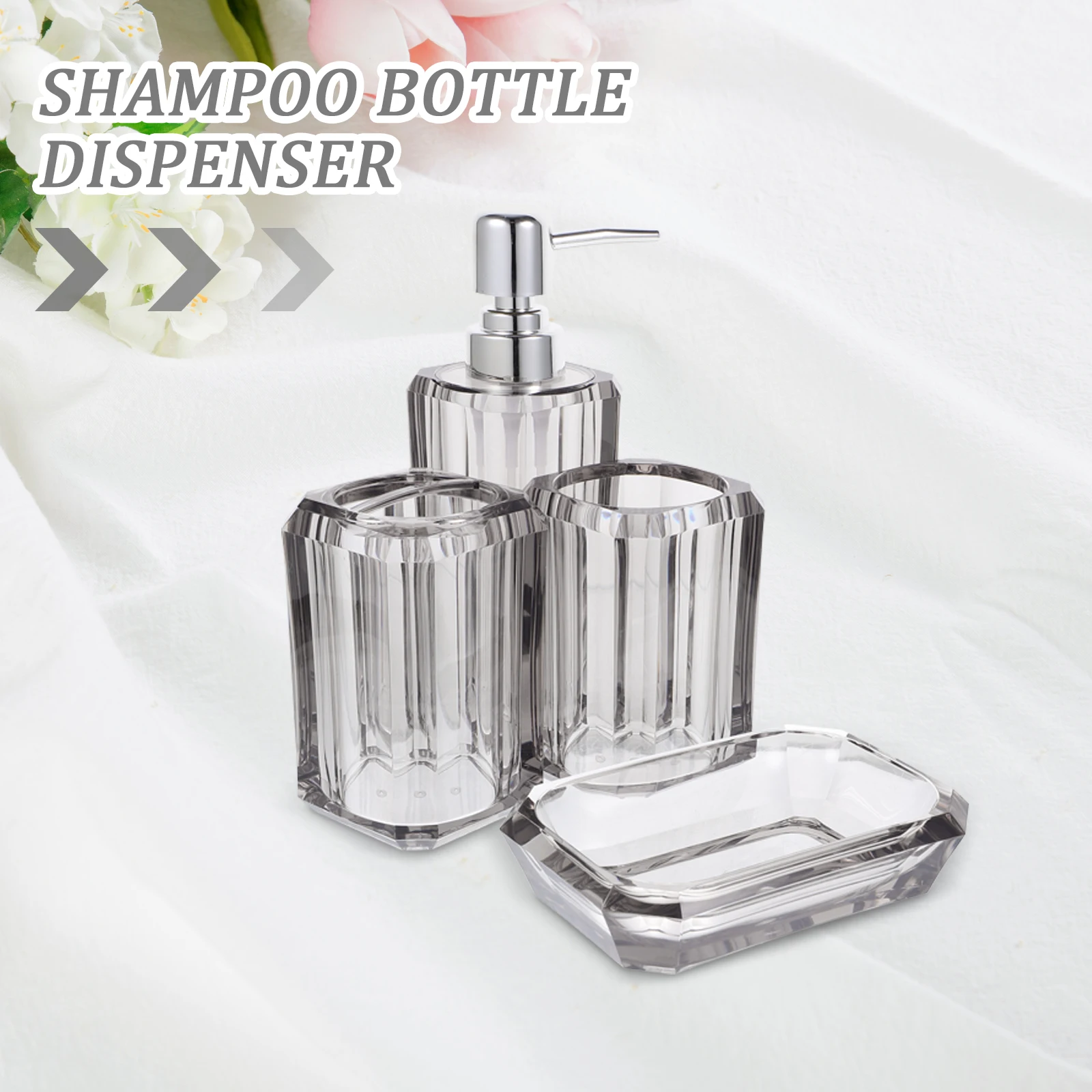

4-piece Bathroom Accessories Set Acrylic Soap Dispenser Toothbrush Holder Shampoo Bottle Pump Lotion Clear Transparent Travel