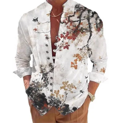 Men's Fashion Printed Long Sleeve Stand-Up Collar Trendy Casual Shirt