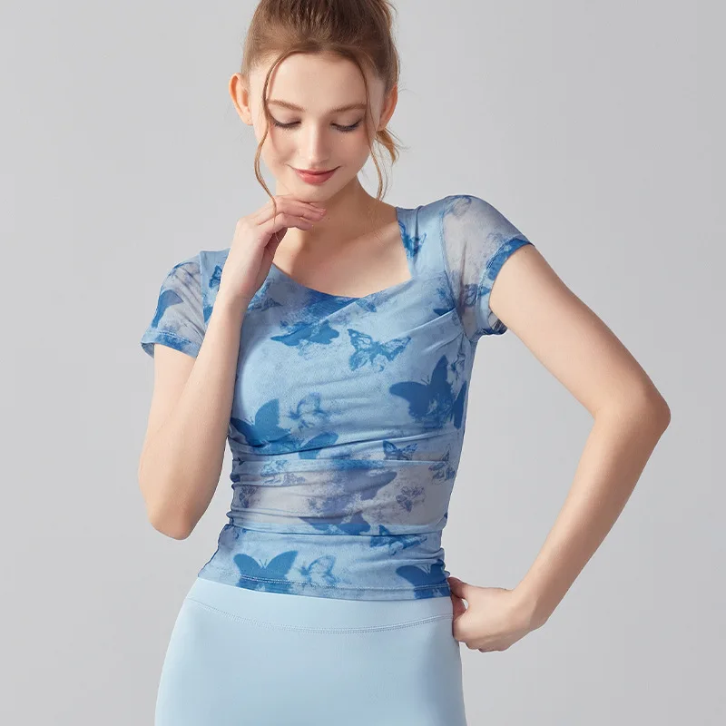 Fashionable And Practical Ink Printed Mesh yoga Top Specially Designed For Slim Fit Soft And Breathable