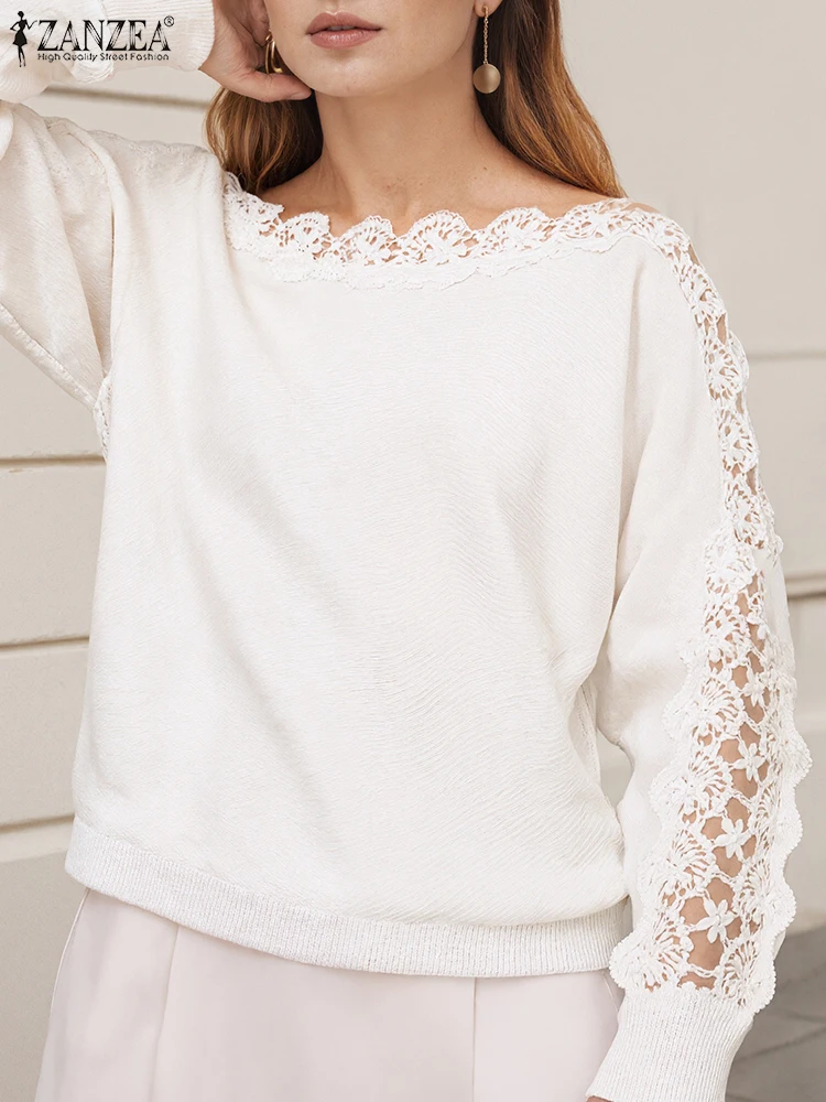 

ZANZEA 2025 Autumn Women Sweaters Vintage Solid Pullovers Fashion Elegant Jumpers Boat Neck Casual Patchwork Lace Tops Oversize