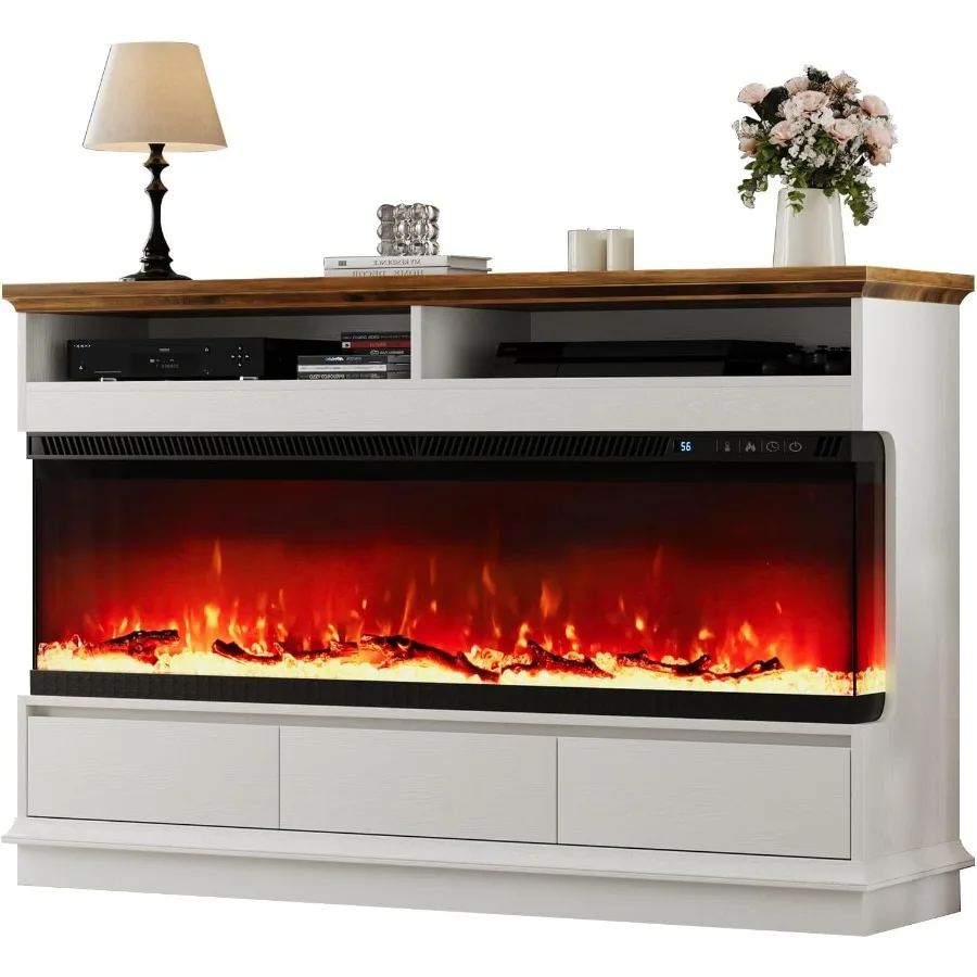 Rak TV Perapian 4 EVER WINNER dengan Perapian Listrik 50 inci, Pusat Hiburan Perapian dengan 3 Sisi Kaca dan 3 Laci