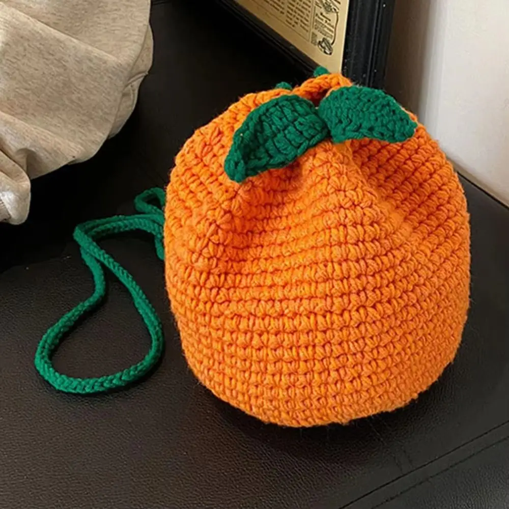 Crocheted Female Shoulder Bag Orange Shape Cute Fruit Knitted Crossbody Bag Portable Large Capacity Drawstring Bag