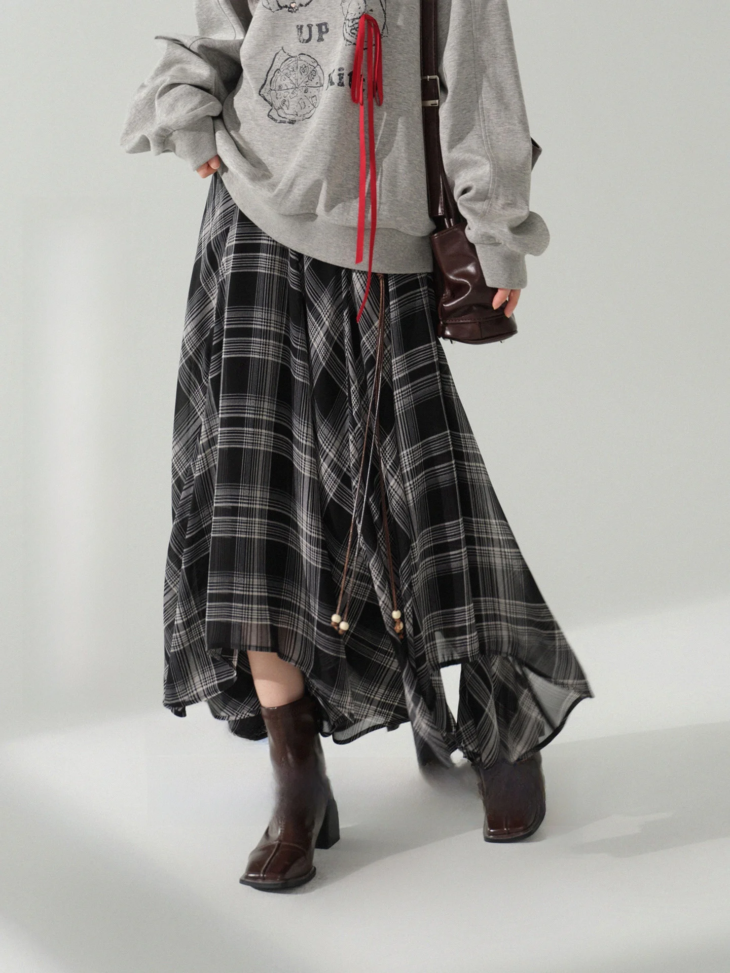 

bunny Heavyweight Plaid Vintage Chiffon f-length Skirt Women's Autumn Asymmetrical Long Skirt High Waist A-line Polyest...