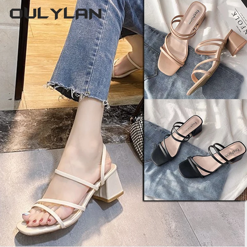 2024 Fashion Women Sandals Ladies Square Heel Elegant Summer Slippers Outside Cross Tied Leather Female Slides Woman Sandals