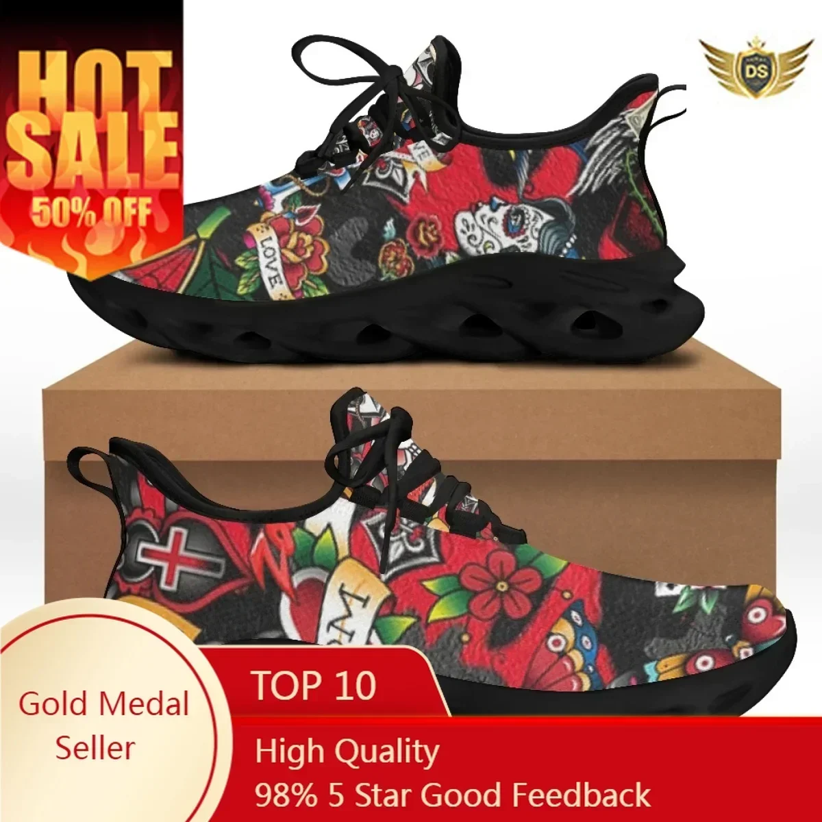 Women Chunky Sneakers Rose Floral Skull Pattern Ladies Sport Shoes Autumn Platform Women Shoes Big Size For Men