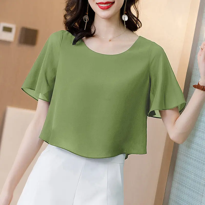 Thin Short-sleeved Chiffon Shirt Women's New Solid Color Fake Two-piece Tops Round Collar Pulloverr Blouse Blusas Femme