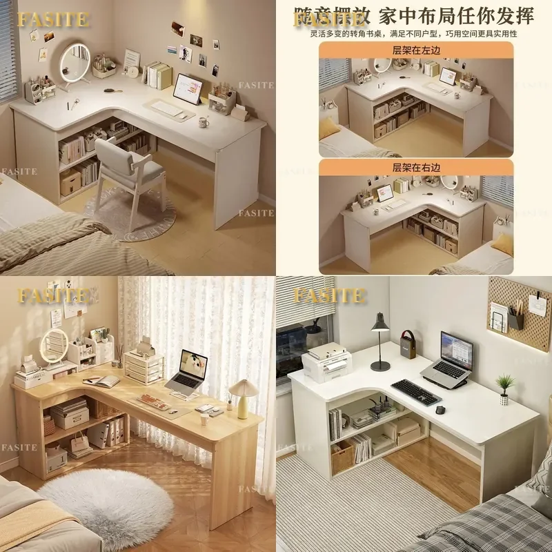 For Home Office Corner Desk with Integrated Bookshelf Space Saving L Shaped Computer Table Study Writing Desk for Bedroom