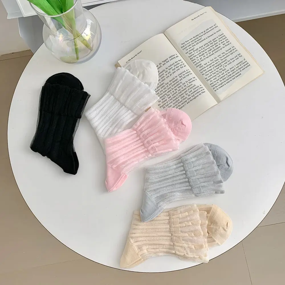 Women's Socks Spring Summer Thin Vertical Strip Silk Solid Color Lace Girls Mid-tube Sock Ins Fashion Breathable Everything