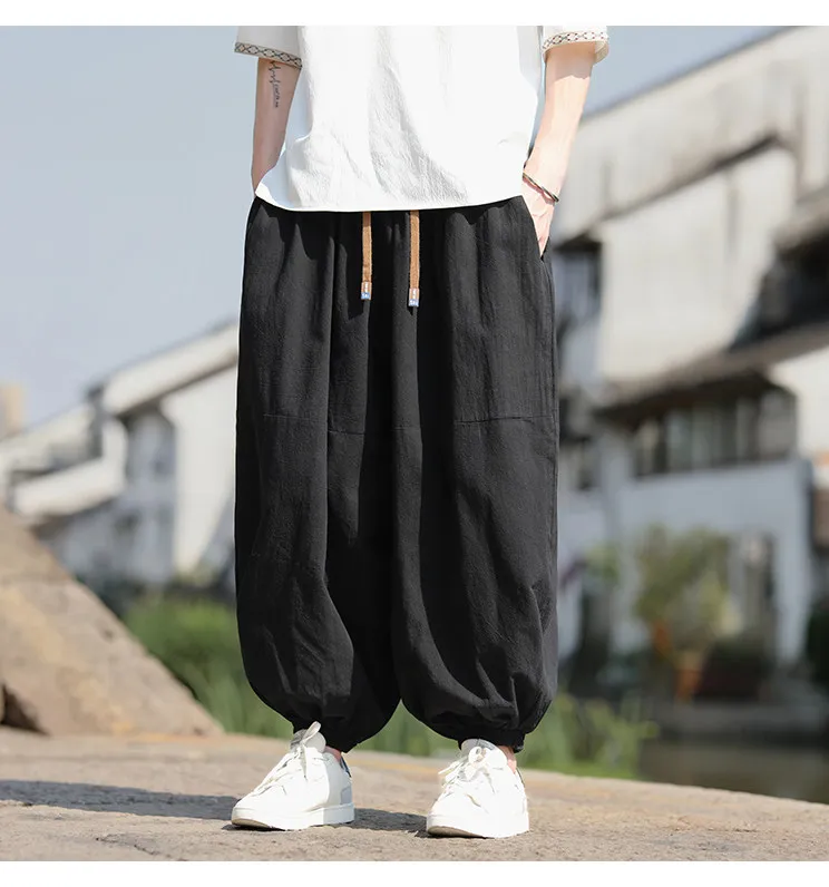 Modische Herrenhose im japanischen Stil, Haremshose, lockerer Schnitt, 100 % Baumwolle, Herrenhose für Frühling und Sommer, einfarbige Hose – Detail 8