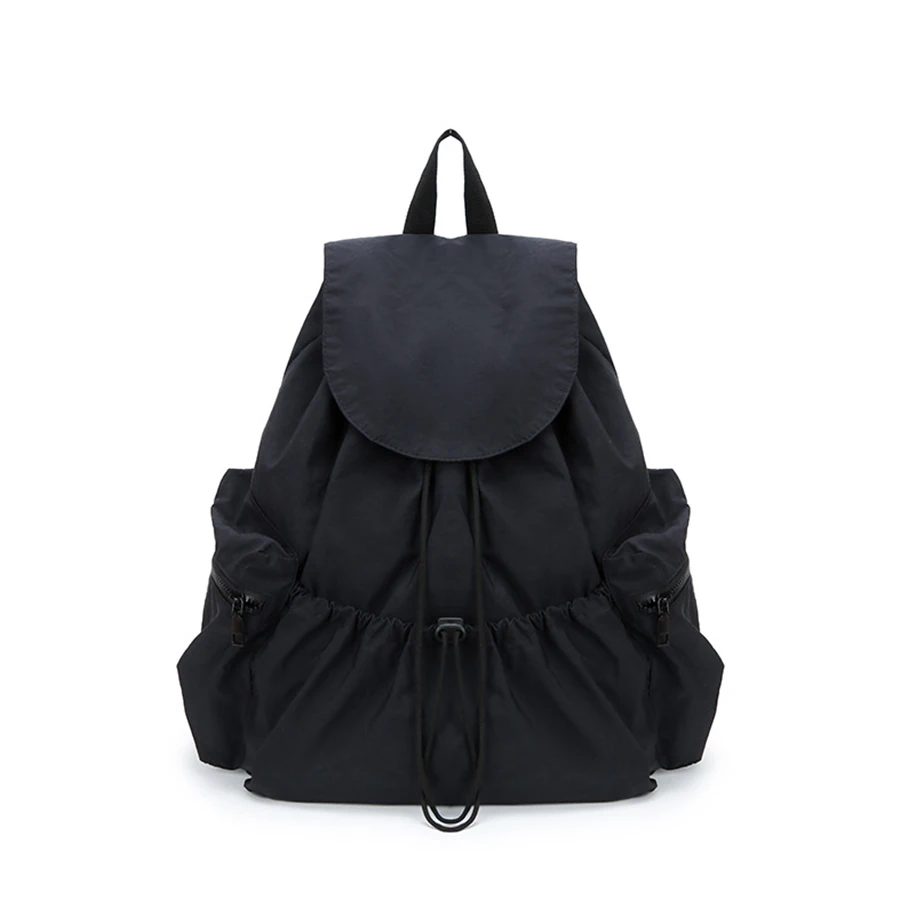 Nylon Multiple Pockets Flip Backpack for Outdoor Women Large Capacity Korean Style Drawstring Schoolbag Versatile Sports Bag Sac