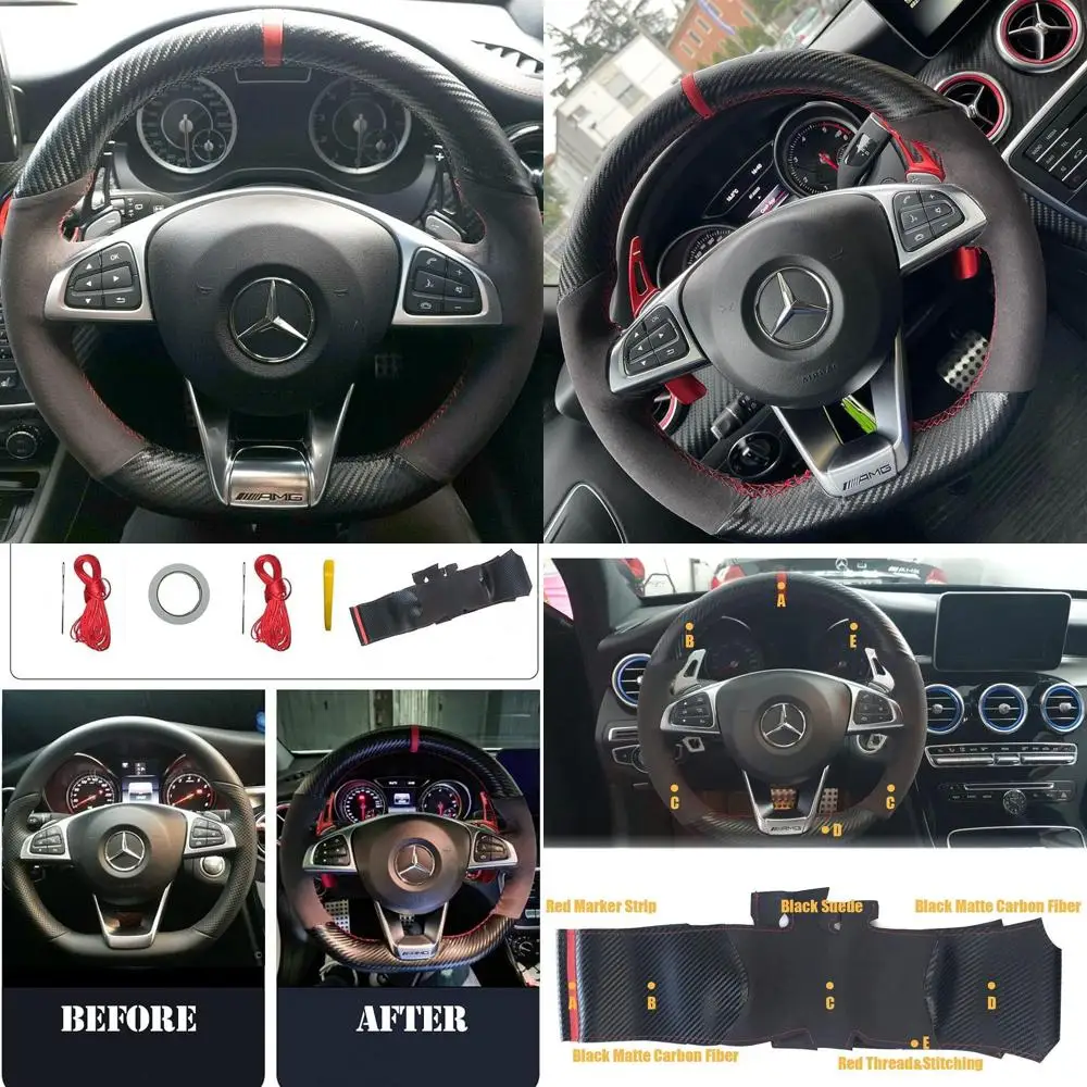 

Матовый черный чехол на руль из углеродного волокна и замши, ручная вышивка, подходит для Mercedes Benz W205/C43 GLA45 GLC43 AMG/C