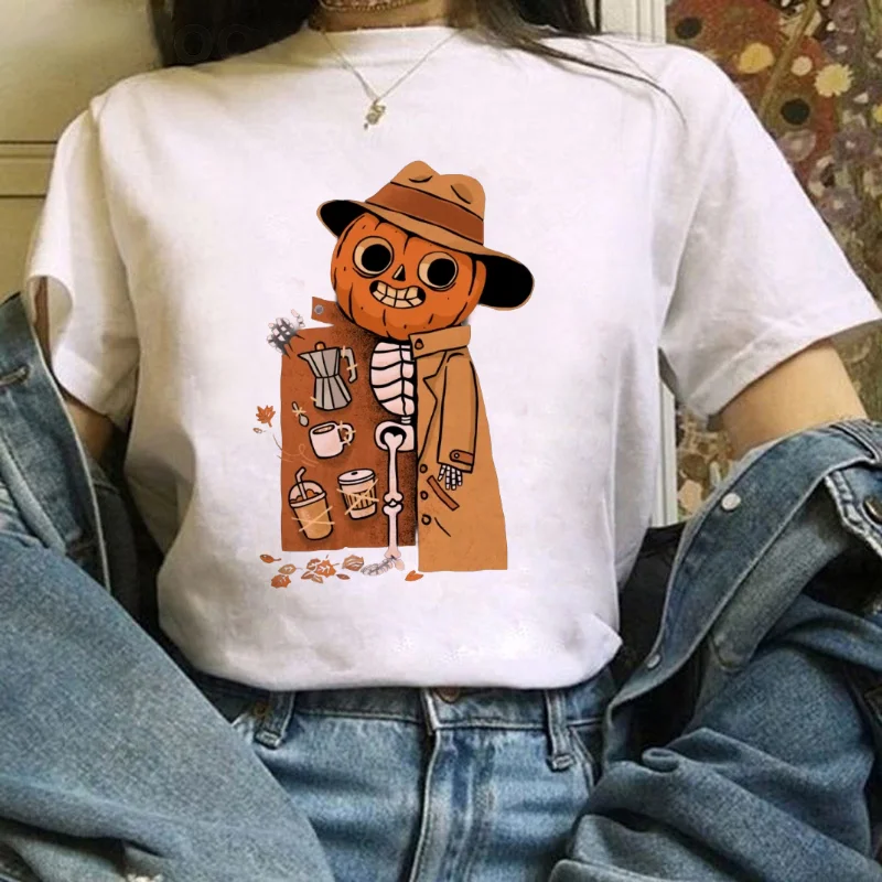 

Футболка с милым узором тыквы и черепом на Хэллоуин, модная женская футболка с круглым вырезом и короткими рукавами, повседневный топ с принтом, обычная белая футболка