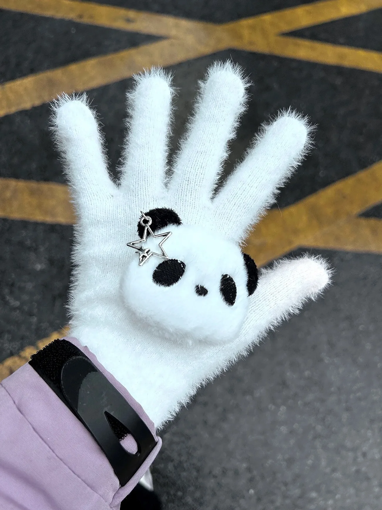 Y2k branco preto panda luvas de malha bonito inverno engrossado bonito luvas de dedo completo feminino lolita luvas jk acessórios