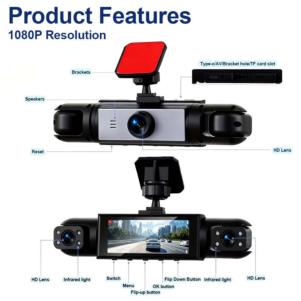 Fits all vehicle models 3.16inch IPS Display 1080P Quad-Lens HD Dashcam with 480P Interior Left Interior Right and Rear Cameras