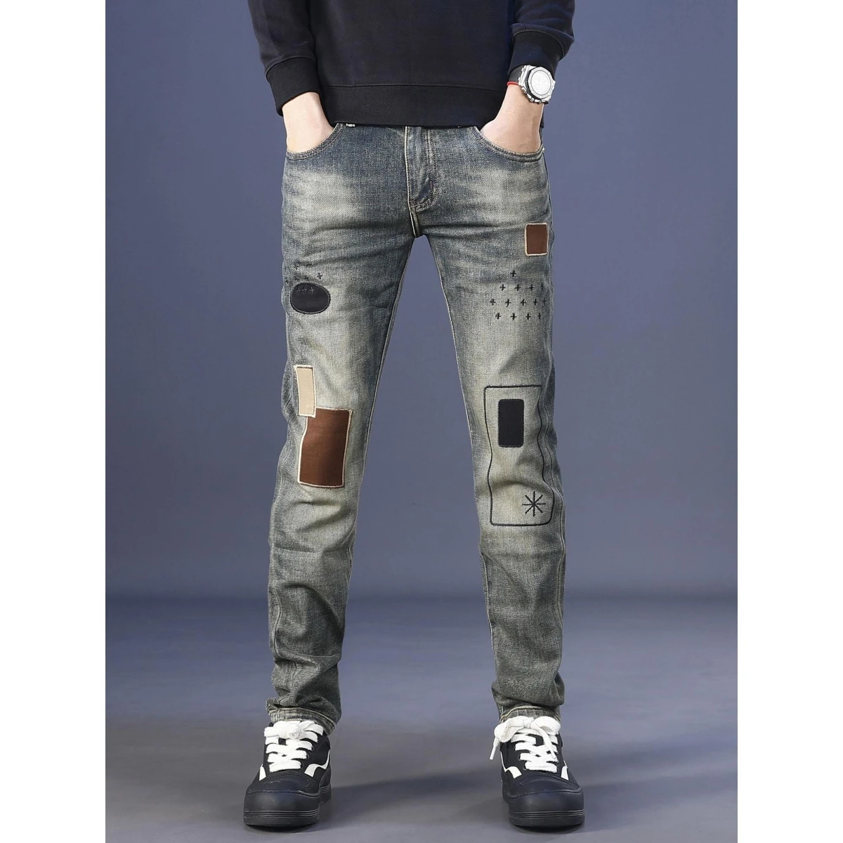 

Мужские джинсы Slim Fit, модные брендовые эластичные повседневные длинные брюки с принтом Personali, со средней талией, смесь хлопка и полиэстера