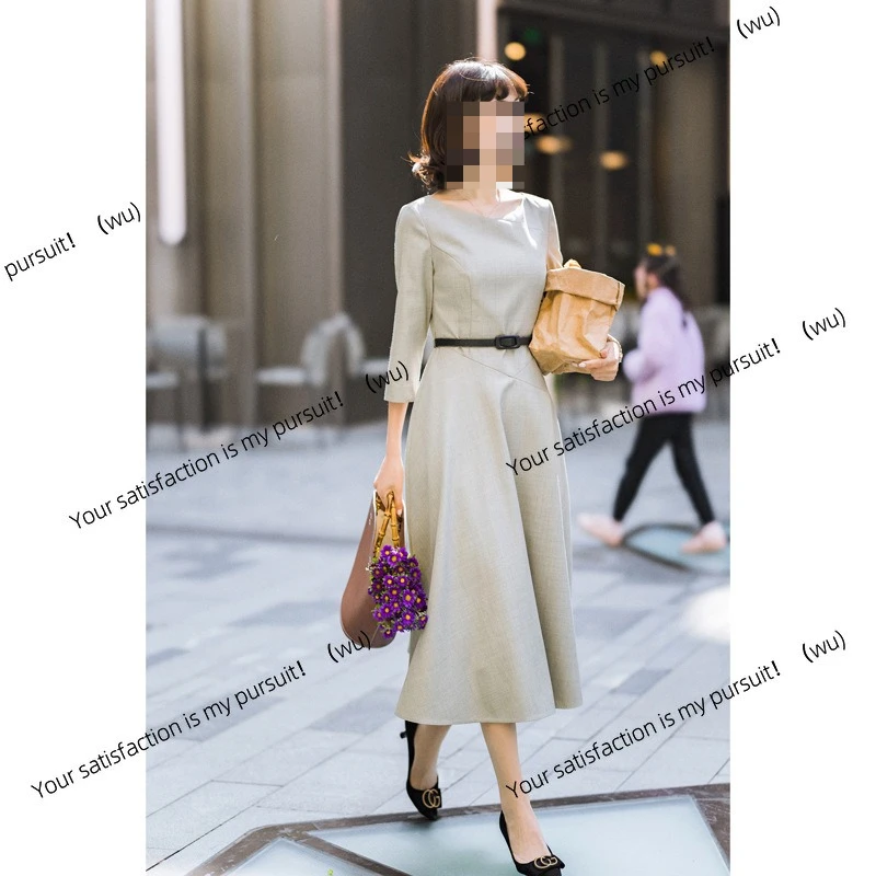 

Gray gray long-sleeved crew neck dress women's spring and autumn fashion temperament high-end long dress