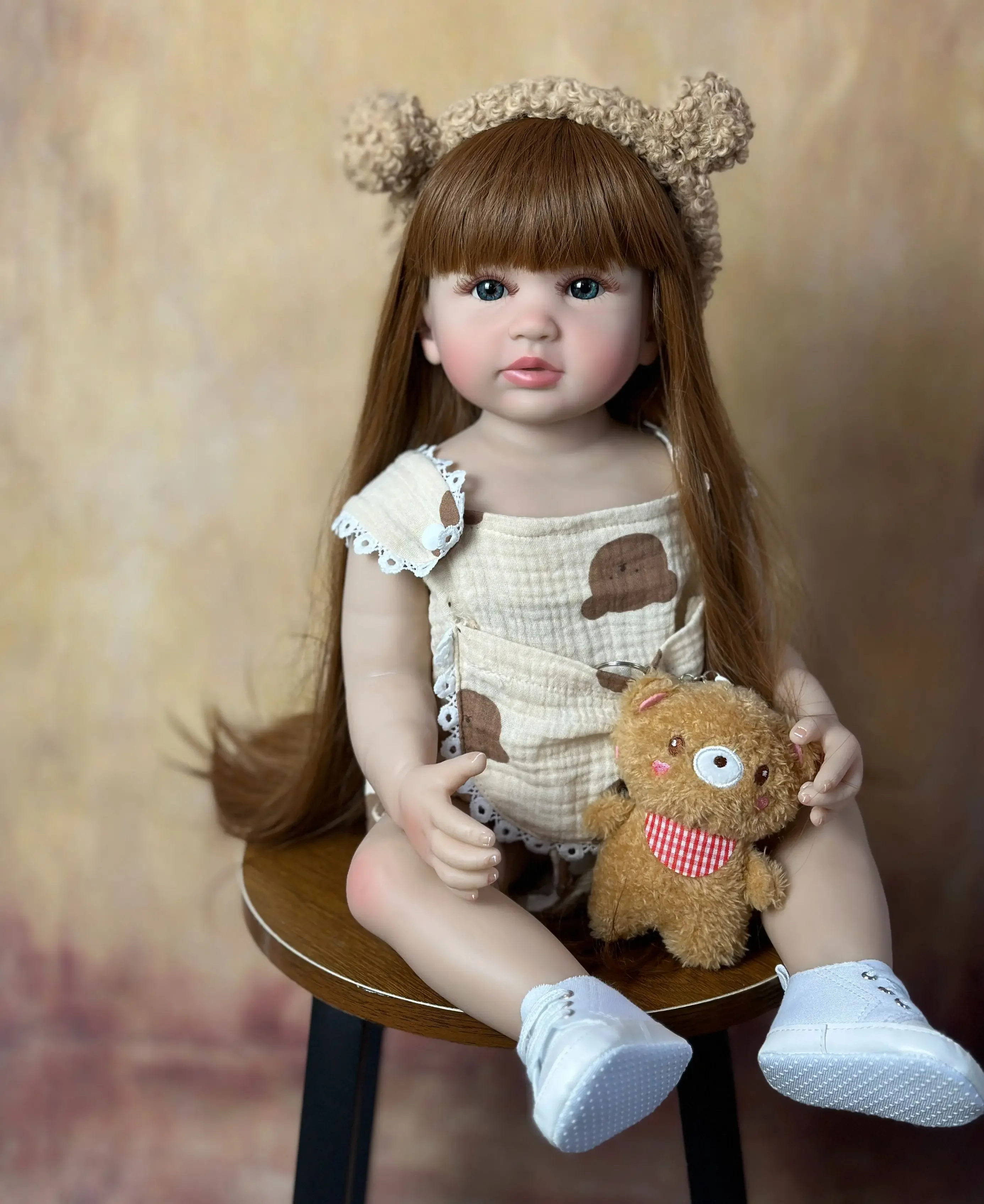 BZDOLL Lifelike 55cm 22inch Reborn Baby Girl Doll Toy Full Silicone Body Brown Long Hair Newborn Princess Toddler Bebe Cute Gift