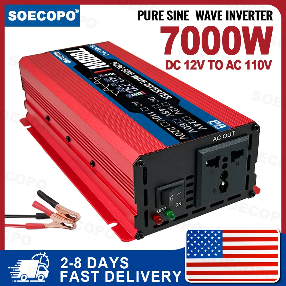 

Чистая синусоида инвертор SOECOPO 7000 Вт 12 В для солнечного инвертора постоянного тока 12 В/24 В/48 В/60 В в переменный ток 110 В/220 В инвертор тока для дома, кемпинга, автофургона