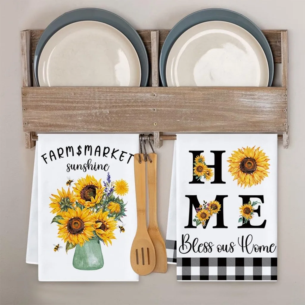Hanging Kitchen Towel Decorative Absorbent Handkerchief Sunflower Check Pattern Towel Absorbent Kitchen Cleaning Towel For Hand