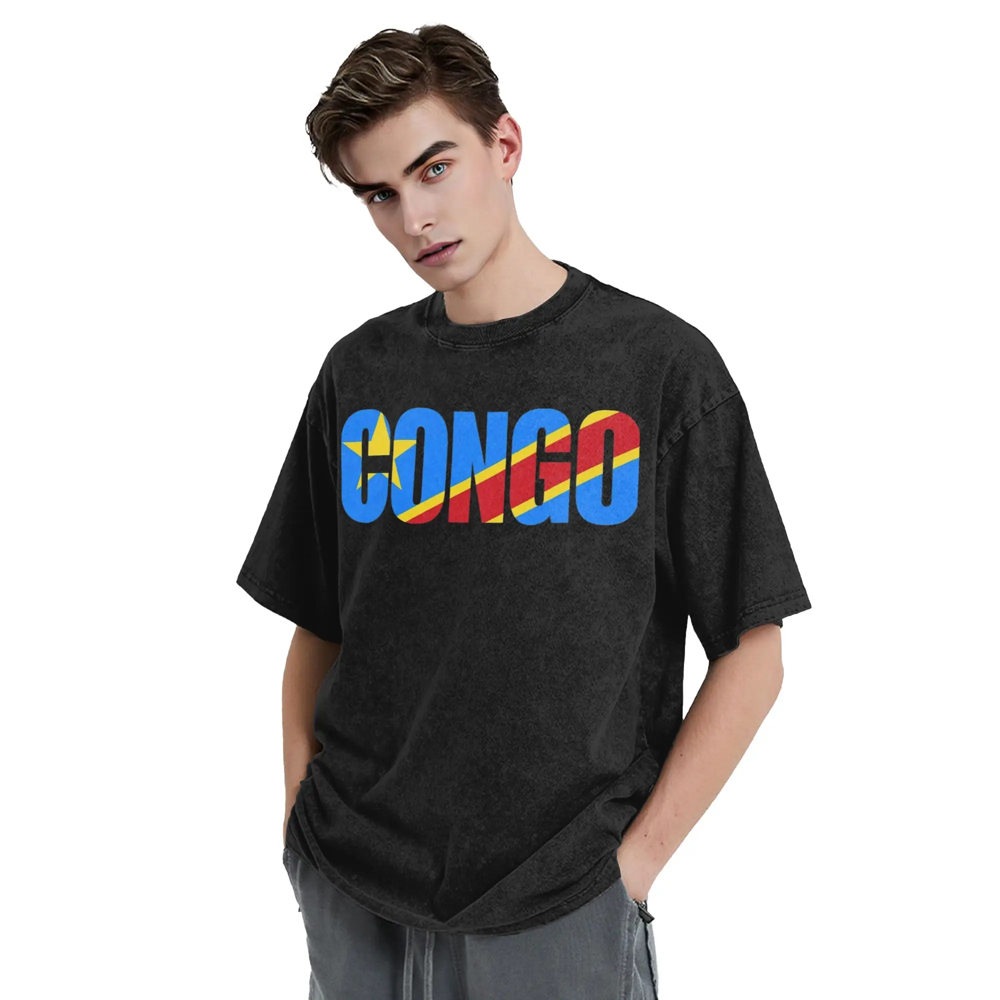 Republic Of Congo Congolese Flag DRC Washed T Shirts Streetwear  Vintage T-Shirt  Tees Men Women Short Sleeve Harajuku Summer