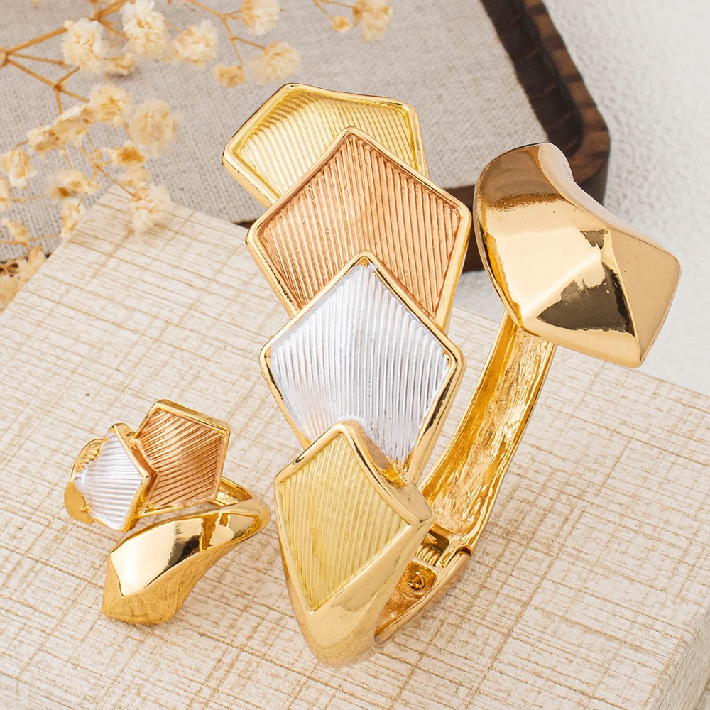 Three-color Geometric Bracelet Rings Copper Alloy Bangles with Ring for Women Cuff Bracelet Daily Party Festival Gifts