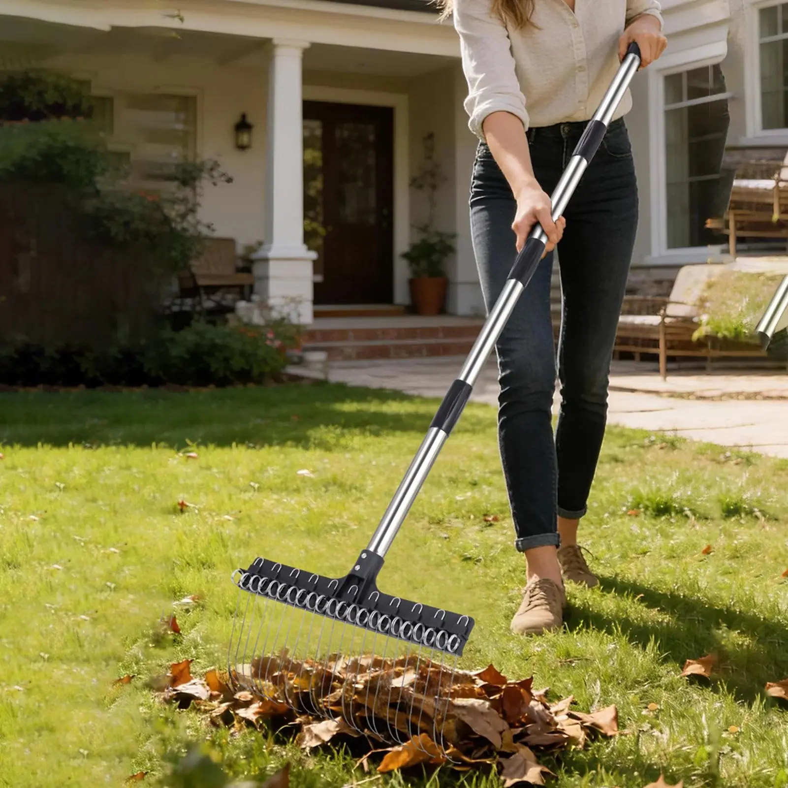 

Rake For Leaves Wide Steel Tines Long Handle 38.58 To 63 Inch Adjustable Metal Turf Rake For Grass Leaves Gardening Lawn Shrub