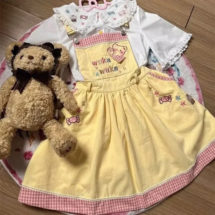 بلوزات لوليتا صيفية يابانية بأكمام قصيرة قمصان نسائية لطيفة كاواي تلميذة دانتيل وكشكشة مطرزة قمصان أنيقة Y2k Mujer