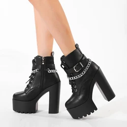 Gdgydh Women's Chain Decor Block Heeled Boots Fashion Lace Up Side Zipper Platform Boots Stylish Ankle Boots High Heels