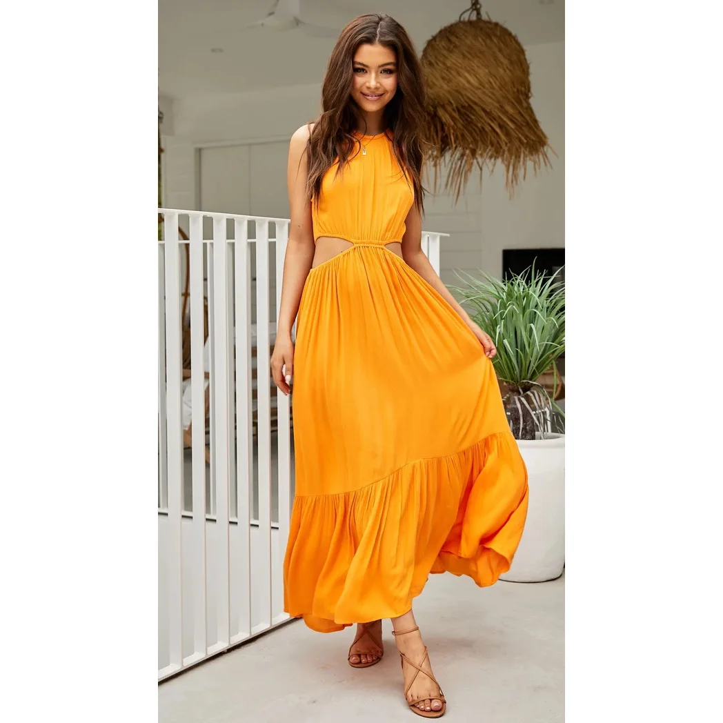 

2025 Spring/Summer New Style Small Fresh Temperament Hanging Neck Cotton Long Dress 22036